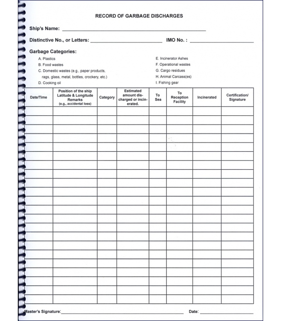 IMO  Garbage Refuse Log Book U.S. & International Waters (90 Days)