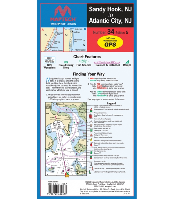Maptech Waterproof Chart 34, Sandy Hook, NJ to Atlantic City, NJ, 5th Edition, 2021